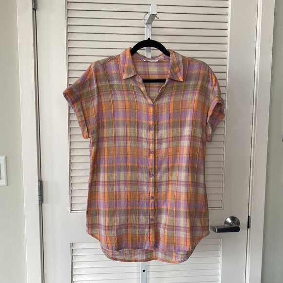 beachlunchlounge Short Sleeve Button Up, Multicolor Plaid, Size S - Picture 1 of 5